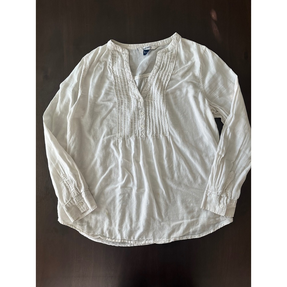 Old Navy Womens White Cotton Pintuck Pleated Split V-Neck Blouse Large